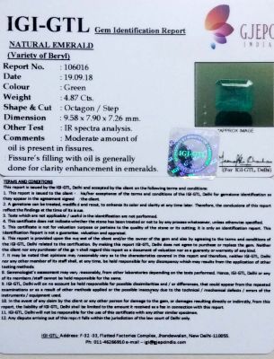 4.87/CT Natural Emerald Stone with Govt. Lab Certified (23310)            