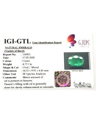 4.72/CT Natural Emerald Stone With Govt. Lab Certified (12210)                