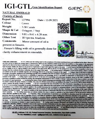 3.38/CT Natural Panna Stone with Govt. Lab Certified (3441)            