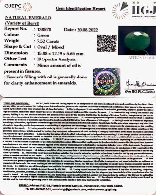 7.52/CT Natural Panna Stone with Govt. Lab Certified (3441)            